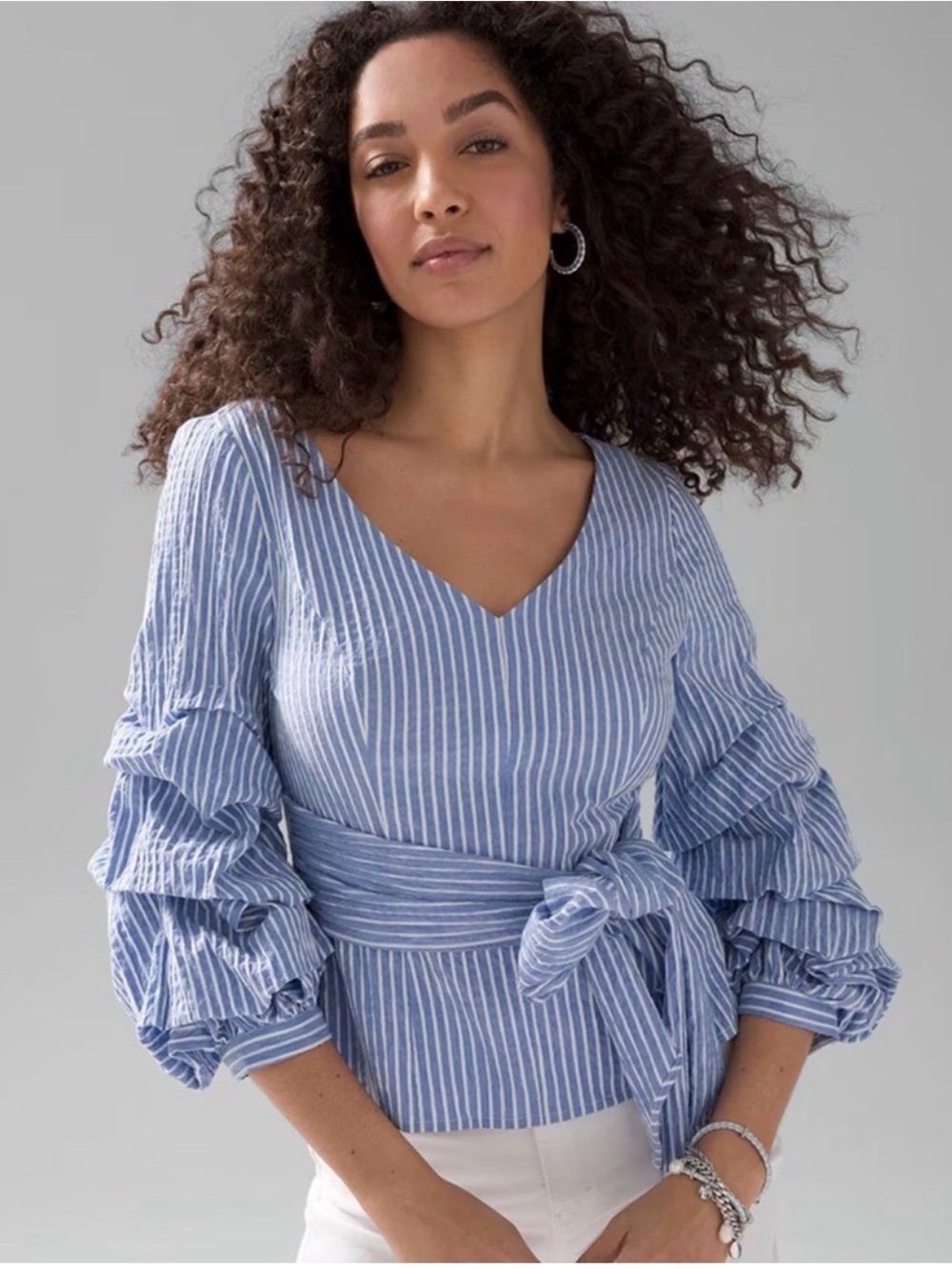 White House Black Market Blue and White Striped V-Neck Tie-Waist Blouse